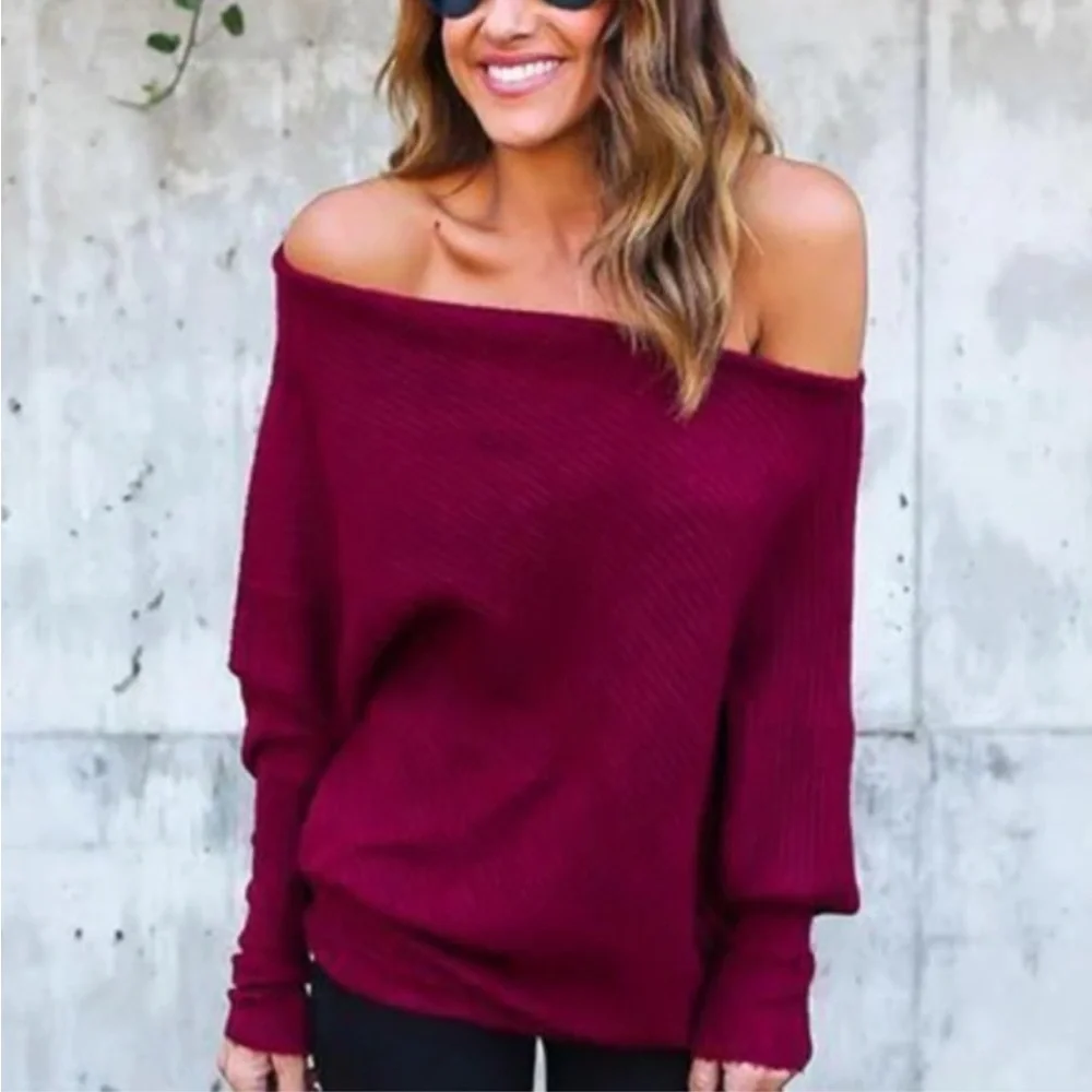 Women's Off-Shoulder Sweater knit loose tops Burgundy
